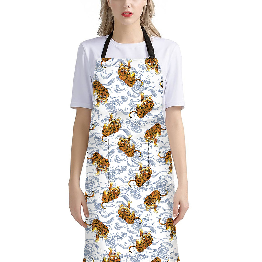 Japanese Tiger Pattern Print Bib Apron With Pocket