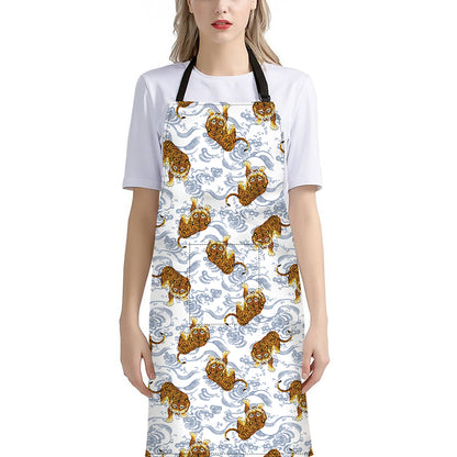 Japanese Tiger Pattern Print Bib Apron With Pocket