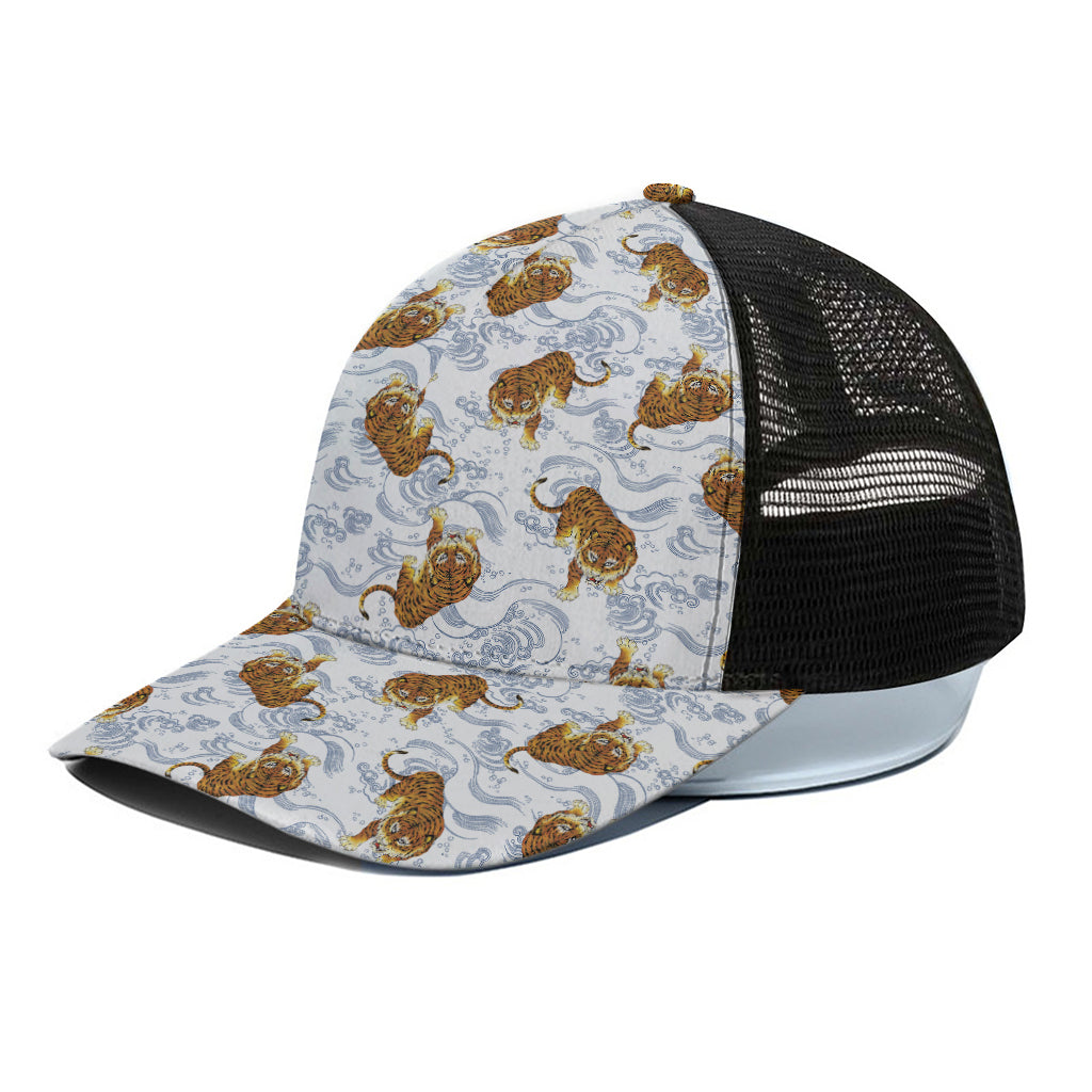 Japanese Tiger Pattern Print Black Mesh Trucker Cap