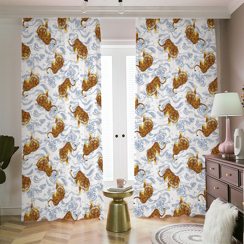 Japanese Tiger Pattern Print Blackout Pencil Pleat Curtains