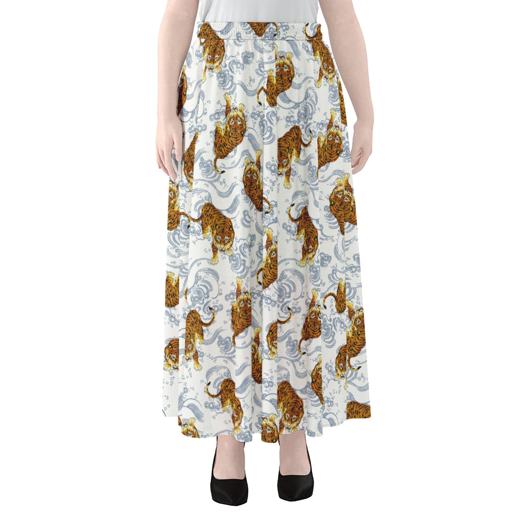 Japanese Tiger Pattern Print Chiffon Maxi Skirt