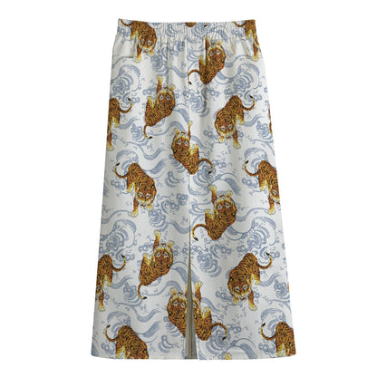 Japanese Tiger Pattern Print Cotton Front Slit Maxi Skirt