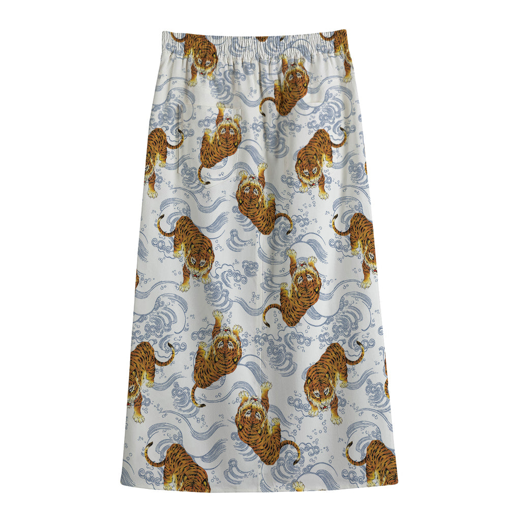 Japanese Tiger Pattern Print Cotton Front Slit Maxi Skirt