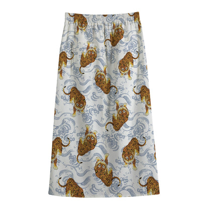 Japanese Tiger Pattern Print Cotton Front Slit Maxi Skirt
