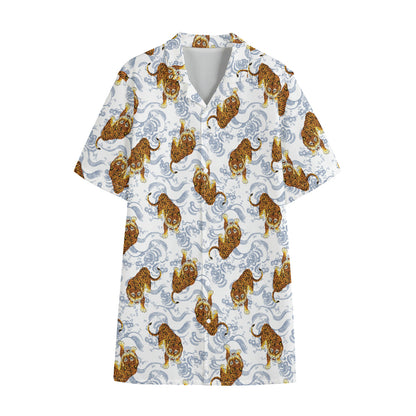 Japanese Tiger Pattern Print Cotton Hawaiian Shirt