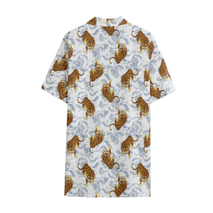 Japanese Tiger Pattern Print Cotton Hawaiian Shirt