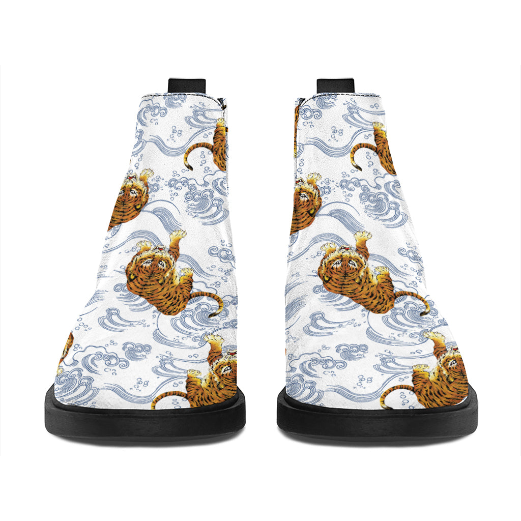 Japanese Tiger Pattern Print Flat Ankle Boots