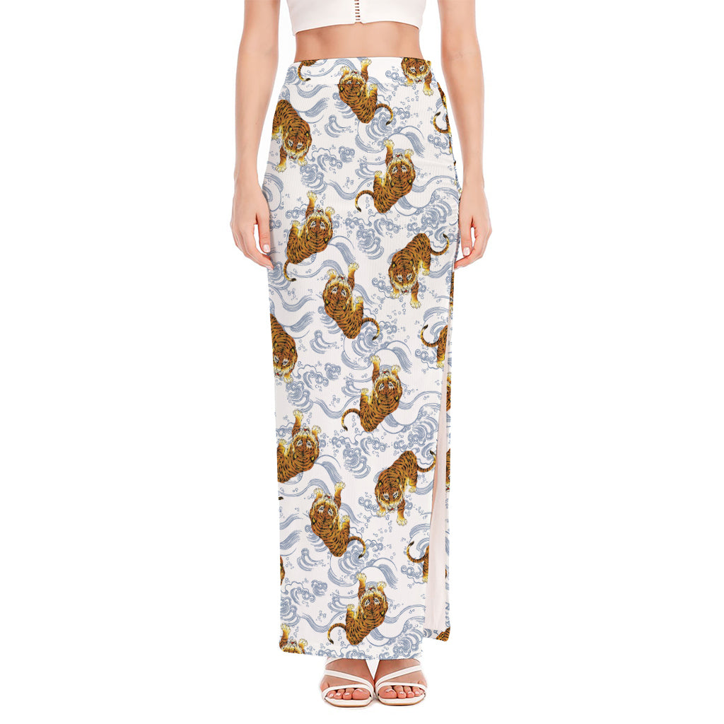 Japanese Tiger Pattern Print High Slit Maxi Skirt