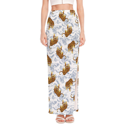 Japanese Tiger Pattern Print High Slit Maxi Skirt