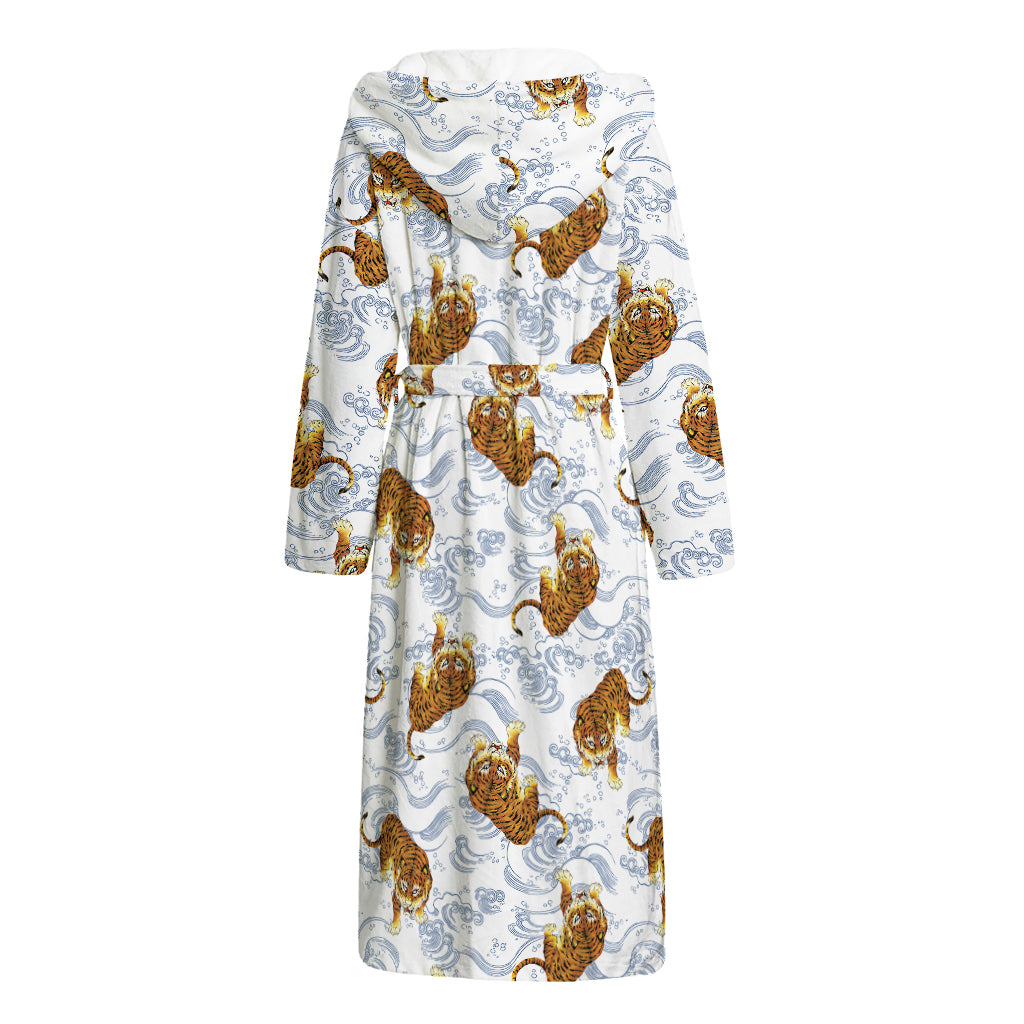 Japanese Tiger Pattern Print Hooded Bathrobe