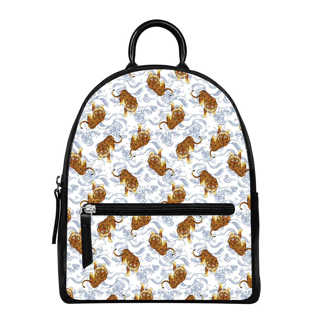 Japanese Tiger Pattern Print Leather Backpack