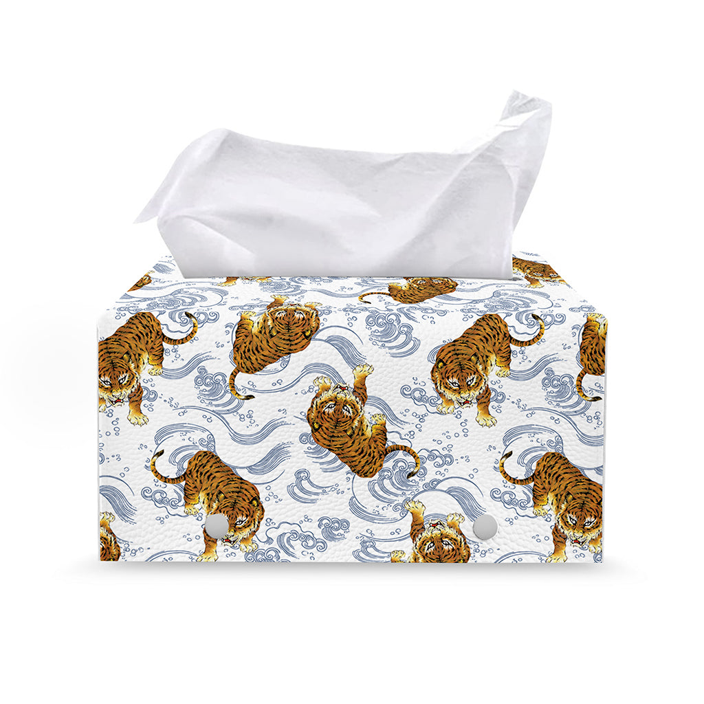 Japanese Tiger Pattern Print Leather Tissue Box Cover