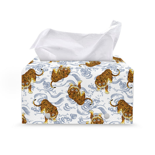 Japanese Tiger Pattern Print Leather Tissue Box Cover