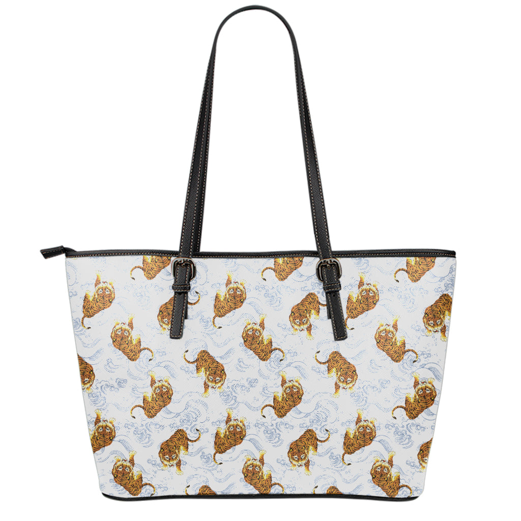 Japanese Tiger Pattern Print Leather Tote Bag