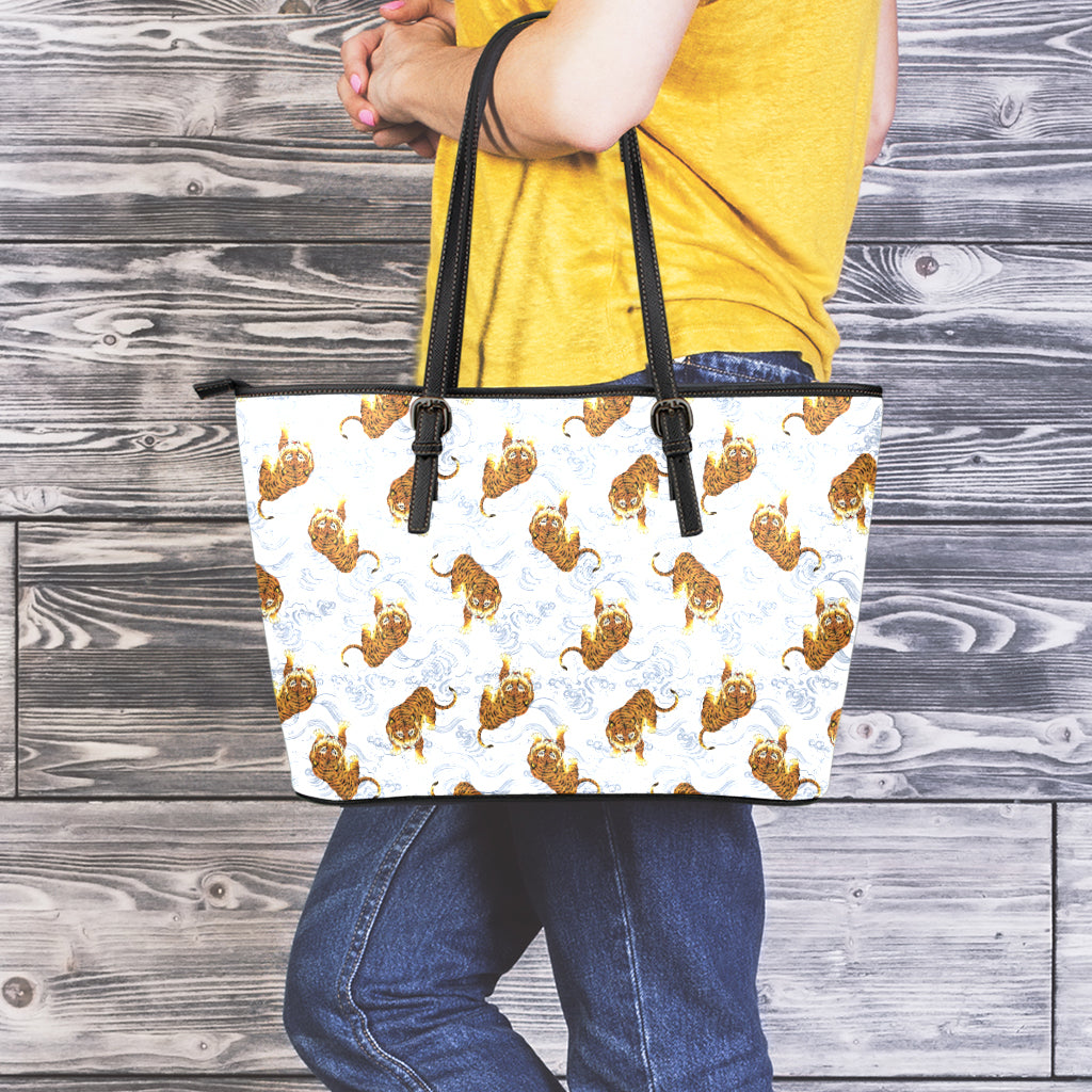 Japanese Tiger Pattern Print Leather Tote Bag