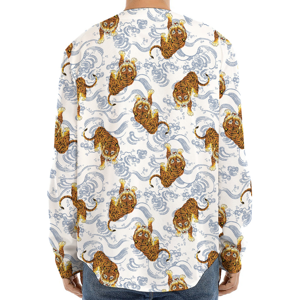 Japanese Tiger Pattern Print Long Sleeve Baseball Jersey
