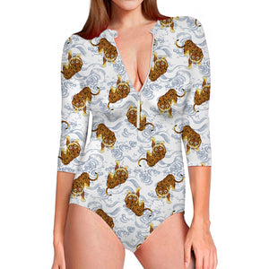 Japanese Tiger Pattern Print Long Sleeve Swimsuit