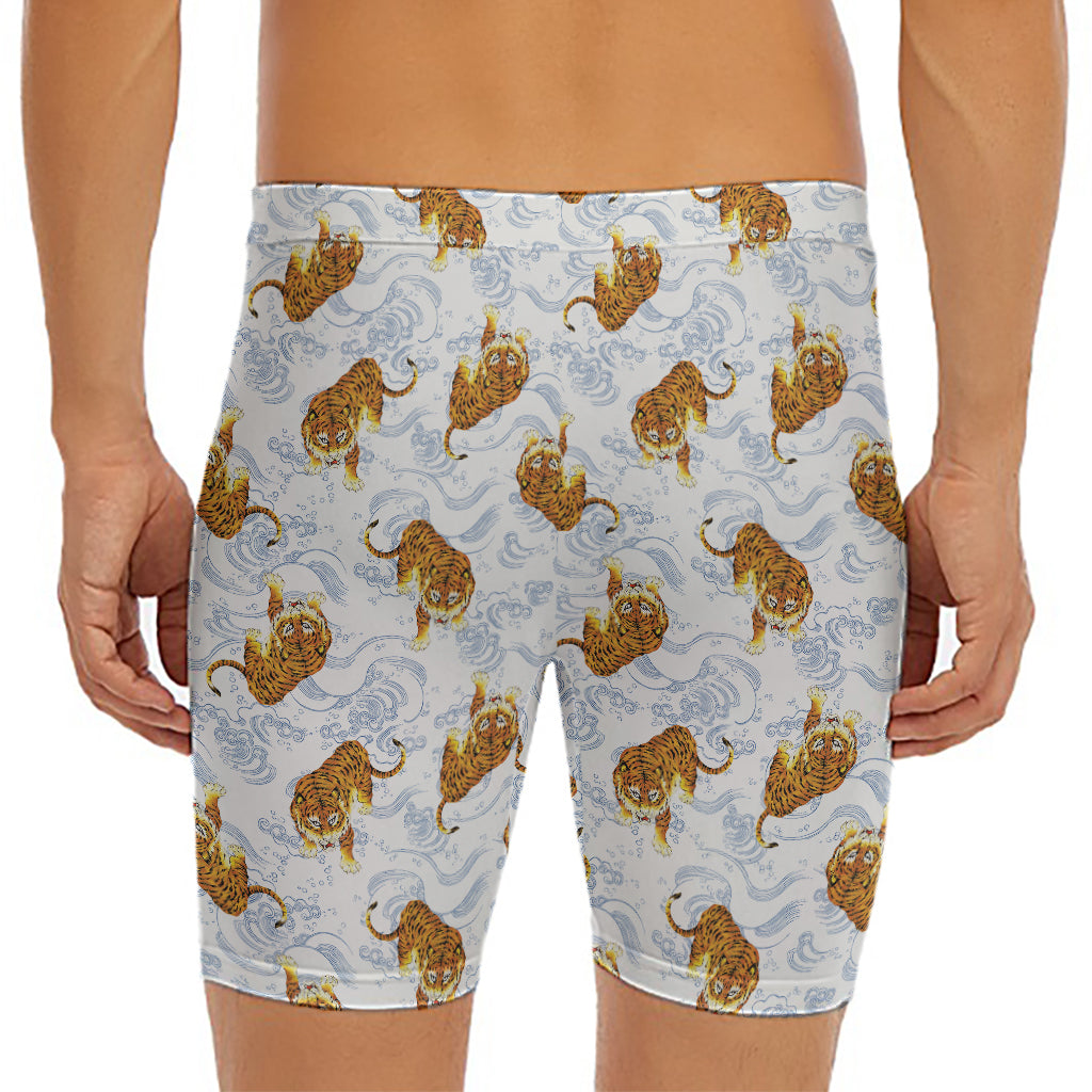 Japanese Tiger Pattern Print Men's Long Boxer Briefs