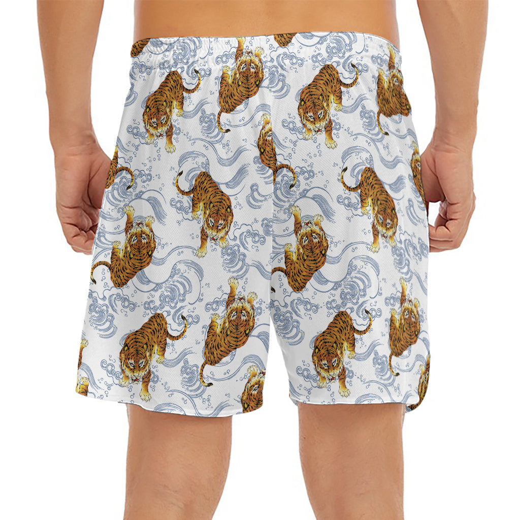 Japanese Tiger Pattern Print Men's Split Running Shorts