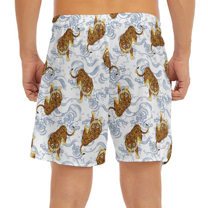 Japanese Tiger Pattern Print Men's Split Running Shorts