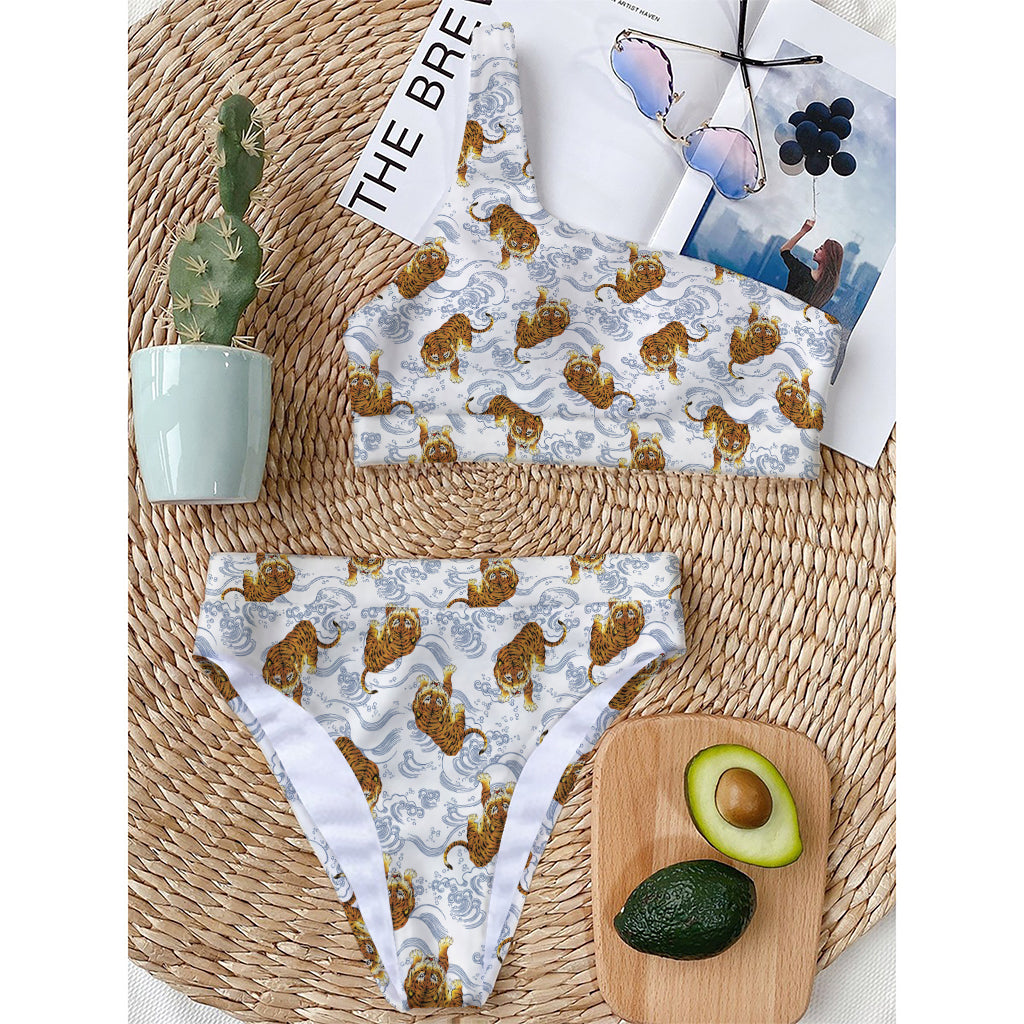 Japanese Tiger Pattern Print One Shoulder Bikini Top