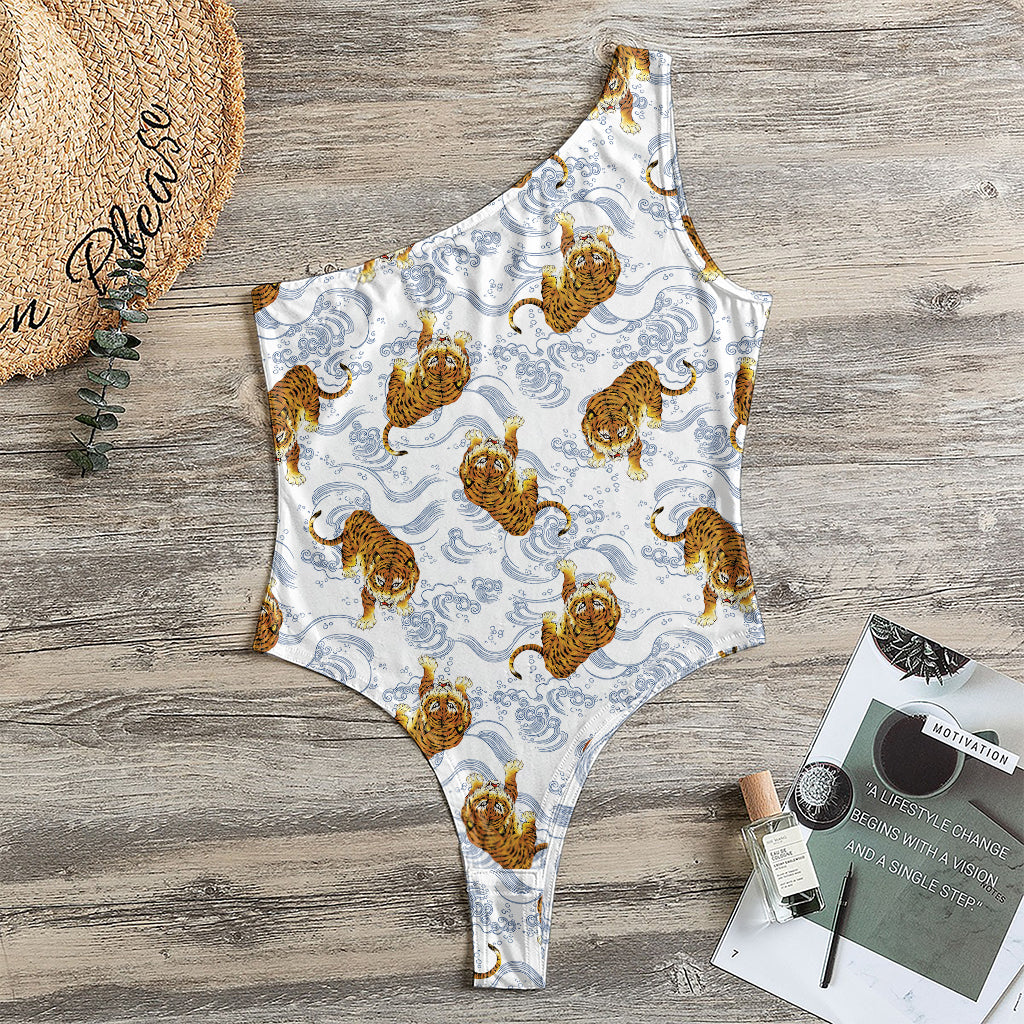 Japanese Tiger Pattern Print One Shoulder Bodysuit