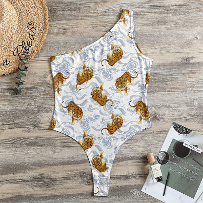 Japanese Tiger Pattern Print One Shoulder Bodysuit
