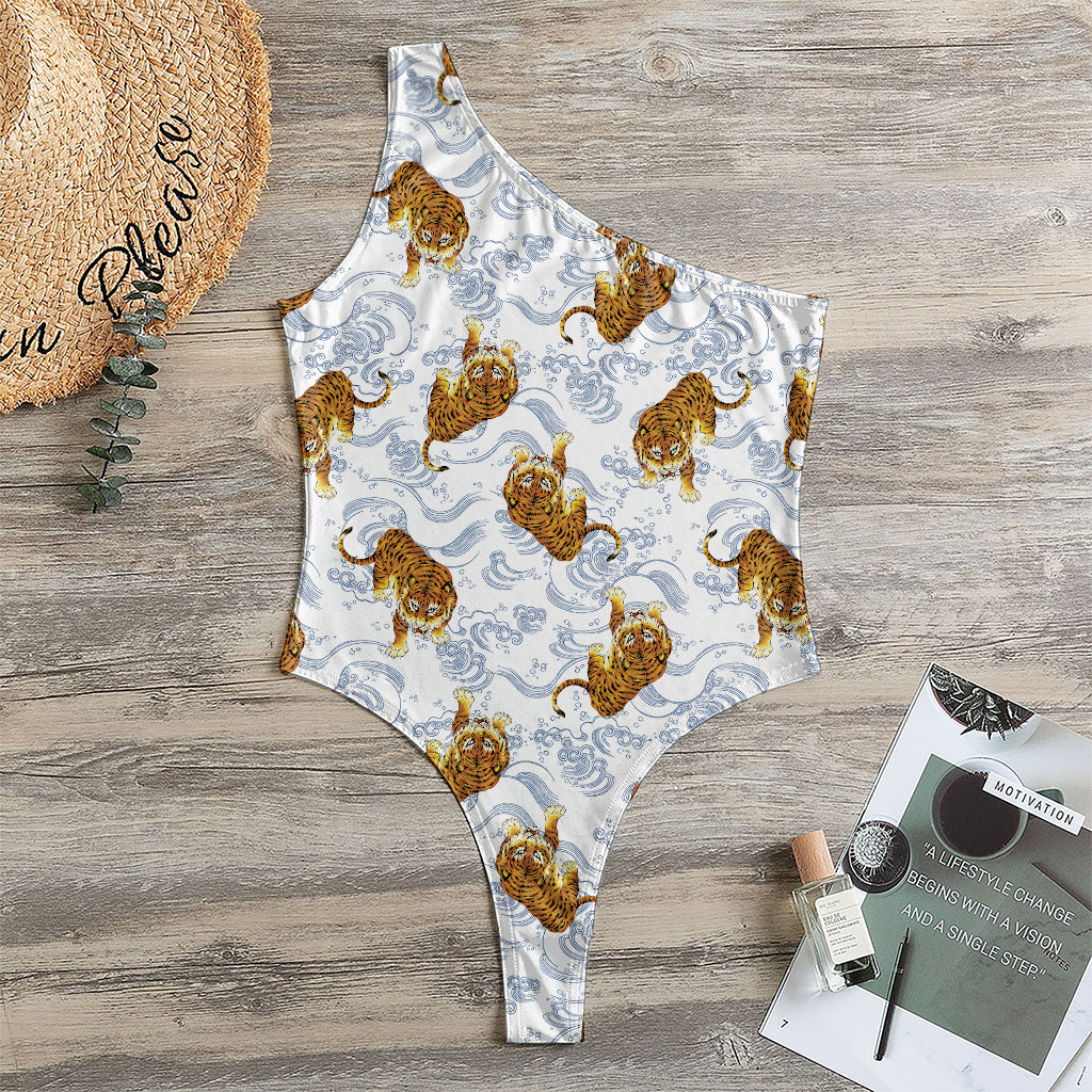 Japanese Tiger Pattern Print One Shoulder Bodysuit