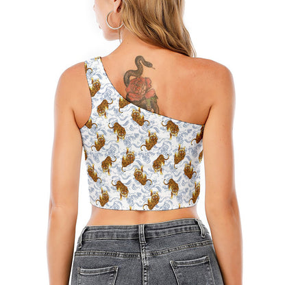 Japanese Tiger Pattern Print One Shoulder Crop Top