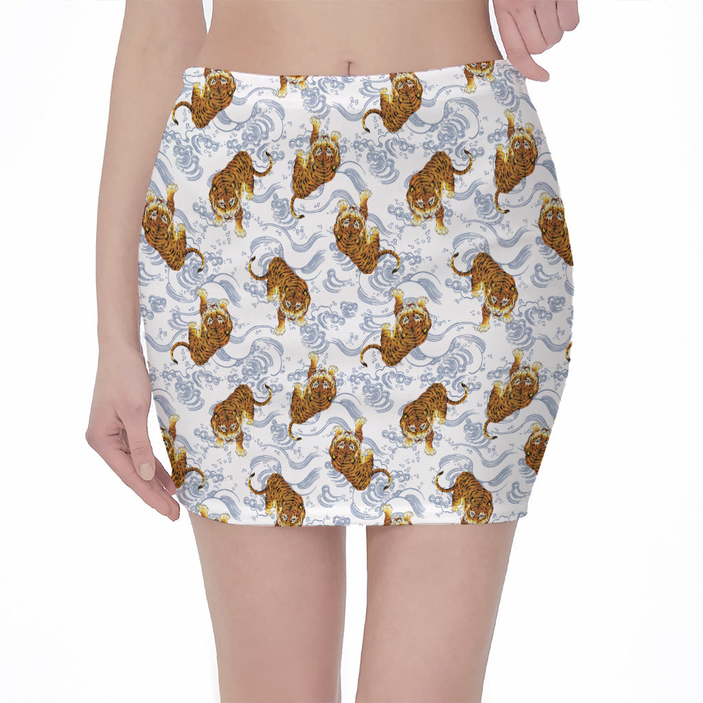 Japanese Tiger Pattern Print Pencil Mini Skirt
