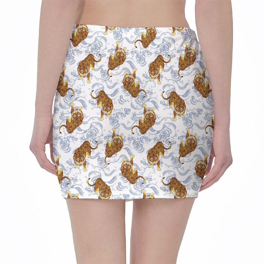 Japanese Tiger Pattern Print Pencil Mini Skirt