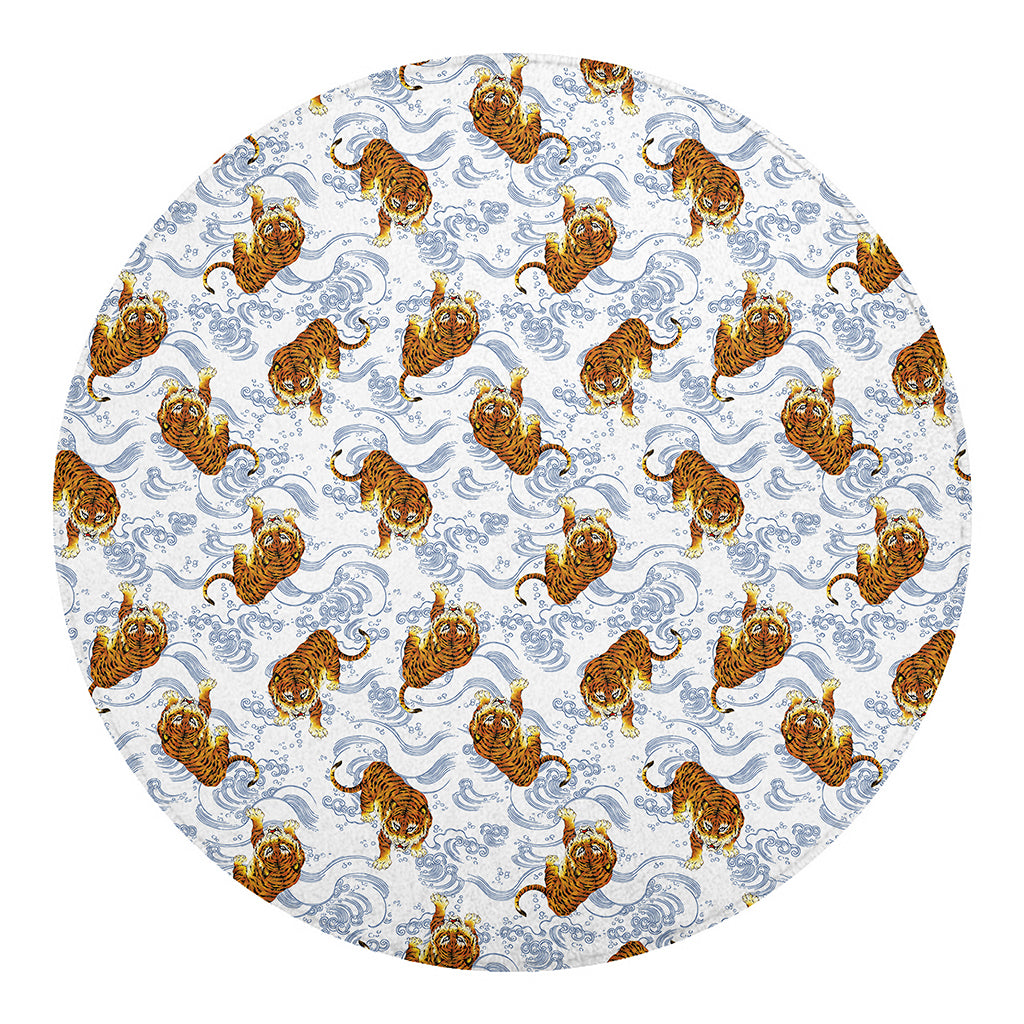 Japanese Tiger Pattern Print Round Blanket