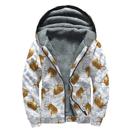 Japanese Tiger Pattern Print Sherpa Lined Zip Up Hoodie