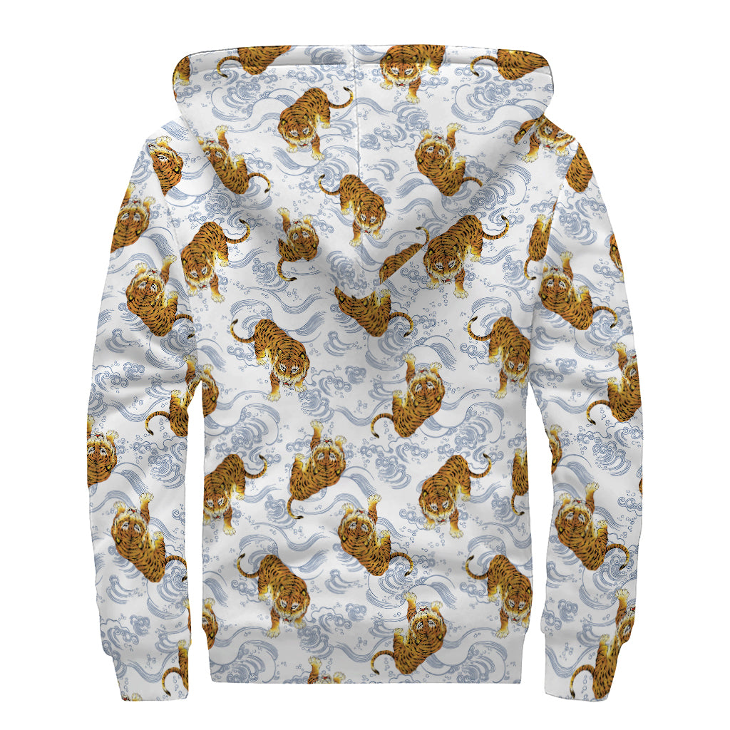 Japanese Tiger Pattern Print Sherpa Lined Zip Up Hoodie