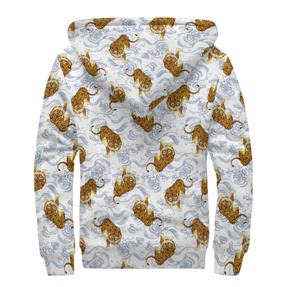Japanese Tiger Pattern Print Sherpa Lined Zip Up Hoodie