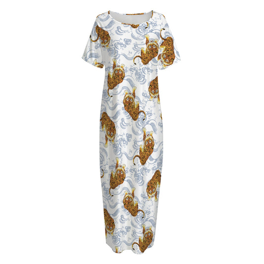 Japanese Tiger Pattern Print Short Sleeve Long Nightdress