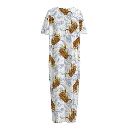 Japanese Tiger Pattern Print Short Sleeve Long Nightdress