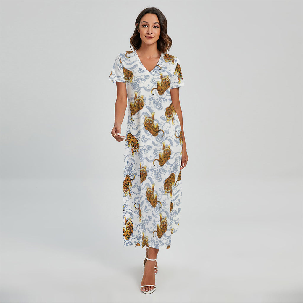 Japanese Tiger Pattern Print Short Sleeve Maxi Dress