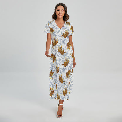 Japanese Tiger Pattern Print Short Sleeve Maxi Dress
