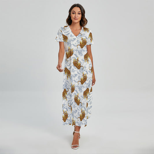 Japanese Tiger Pattern Print Short Sleeve Maxi Dress