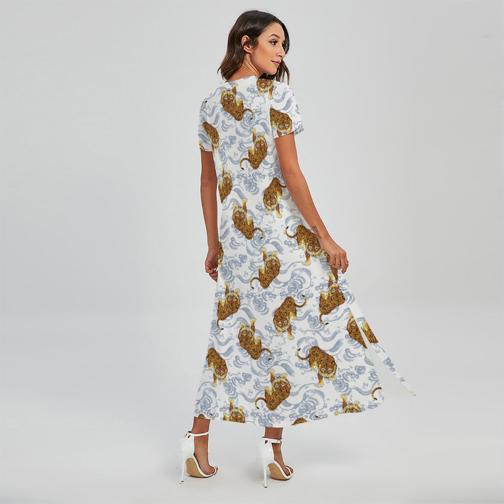 Japanese Tiger Pattern Print Short Sleeve Maxi Dress