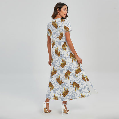 Japanese Tiger Pattern Print Short Sleeve Maxi Dress