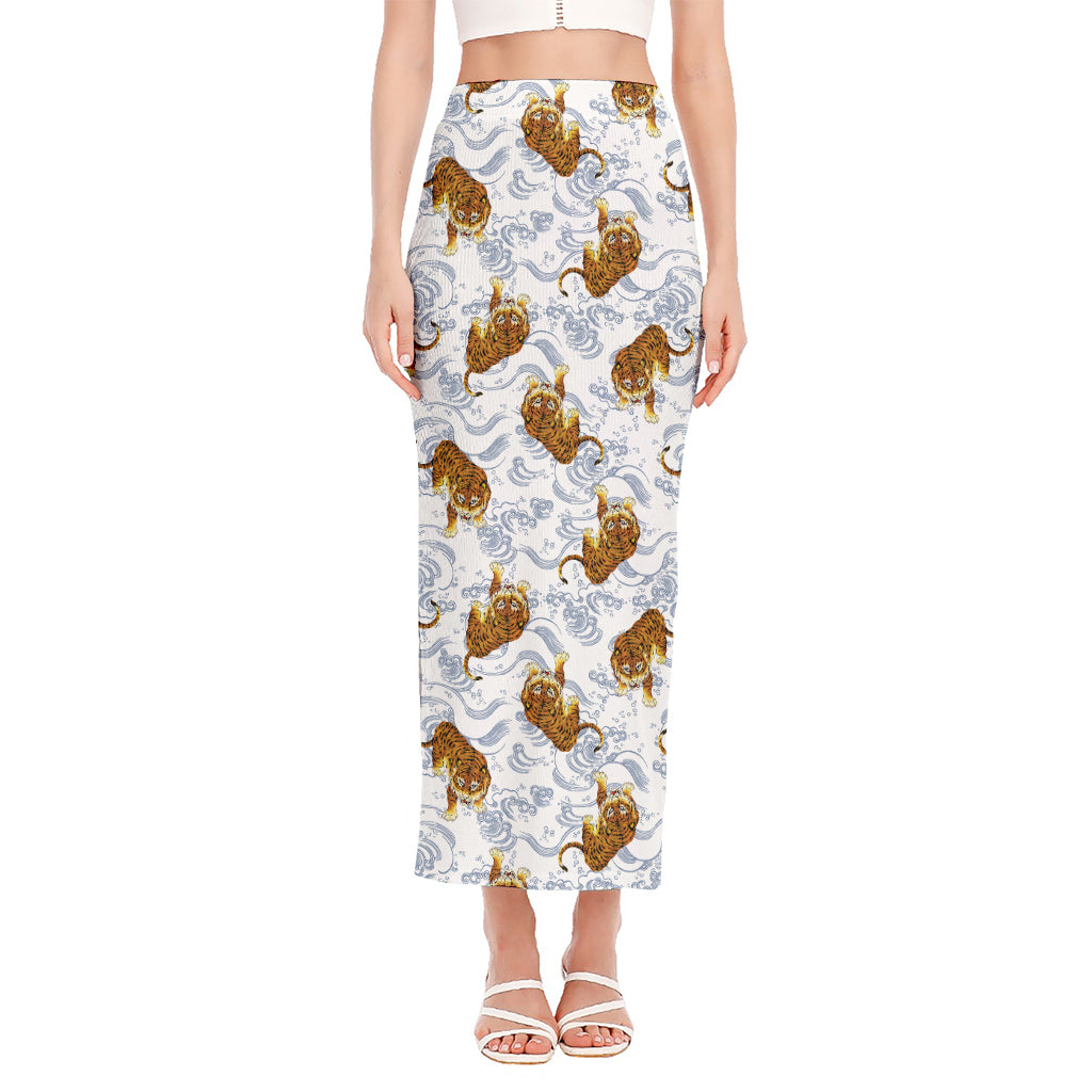 Japanese Tiger Pattern Print Side Slit Maxi Skirt