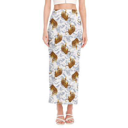 Japanese Tiger Pattern Print Side Slit Maxi Skirt