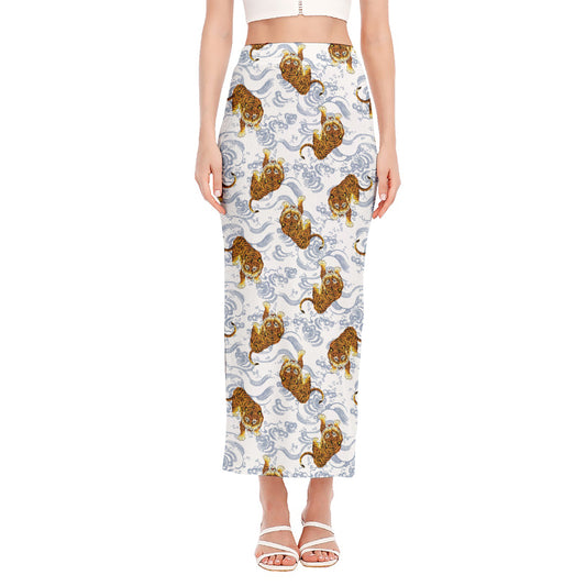 Japanese Tiger Pattern Print Side Slit Maxi Skirt