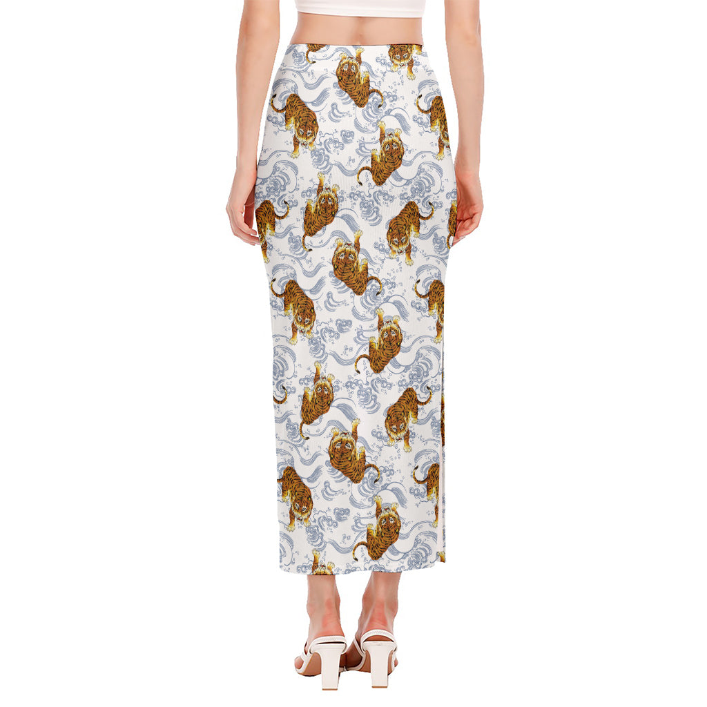 Japanese Tiger Pattern Print Side Slit Maxi Skirt