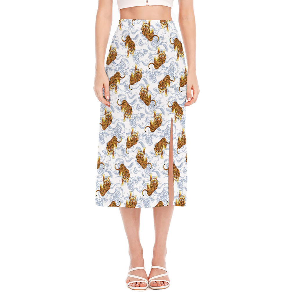 Japanese Tiger Pattern Print Side Slit Midi Skirt