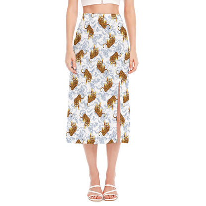 Japanese Tiger Pattern Print Side Slit Midi Skirt