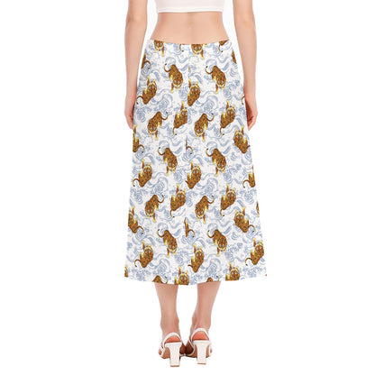 Japanese Tiger Pattern Print Side Slit Midi Skirt