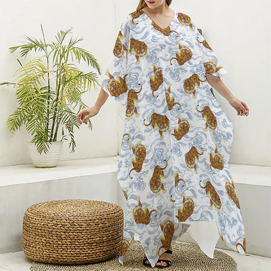 Japanese Tiger Pattern Print Silk V-Neck Kaftan Dress